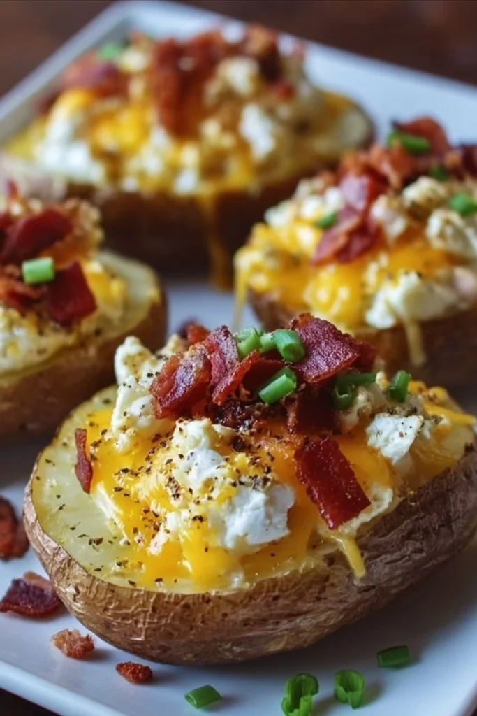 Delicious twice baked loaded breakfast potatoes topped with cheese and bacon