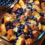 Delicious Blueberry French Toast Casserole served with fresh blueberries.
