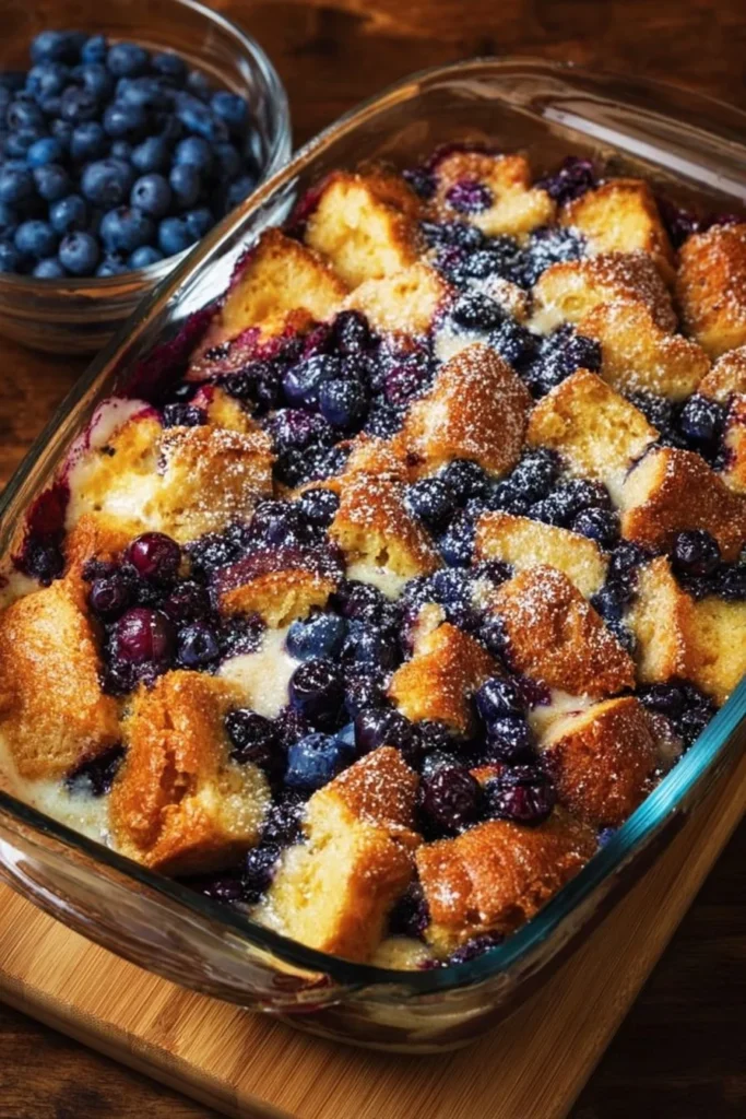 Delicious Blueberry French Toast Casserole served with fresh blueberries.