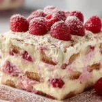 Delicious white chocolate raspberry tiramisu dessert on a plate