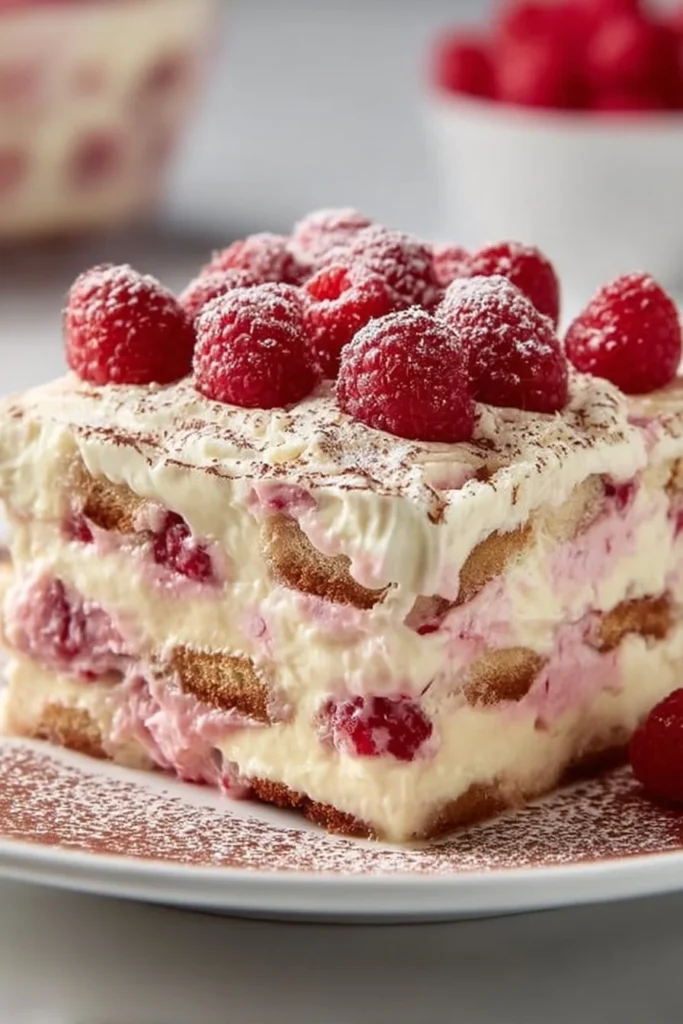 Delicious white chocolate raspberry tiramisu dessert on a plate
