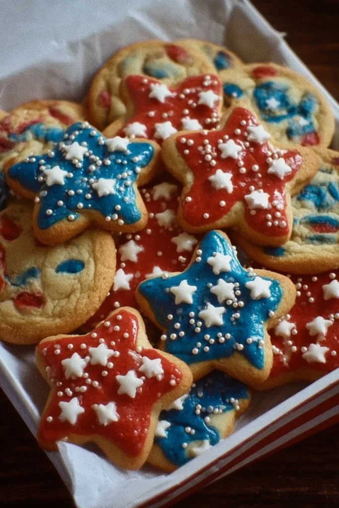 Festively decorated 4th of July cookies with red, white, and blue frosting
