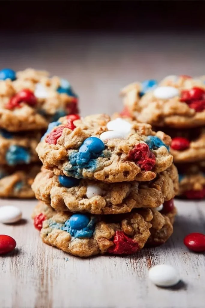 4th of July Monster Cookies with colorful toppings and festive decorations