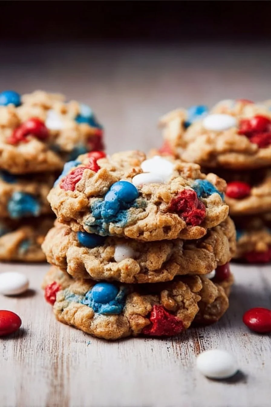 4th of July Monster Cookies with colorful toppings and festive decorations