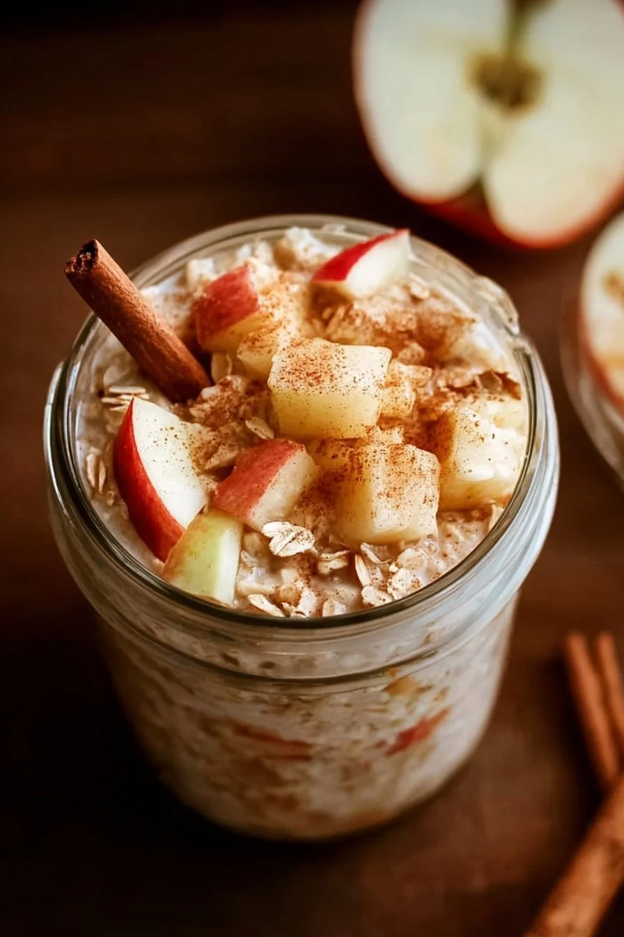 Bowl of Apple Cinnamon Overnight Oats topped with apples and cinnamon