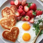Delicious heart-shaped pancakes served with Happy Egg for a fun breakfast