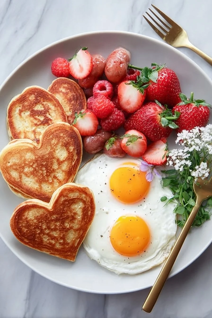 Delicious heart-shaped pancakes served with Happy Egg for a fun breakfast