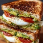 Avocado, mozzarella, and tomato grilled cheese sandwich on a plate