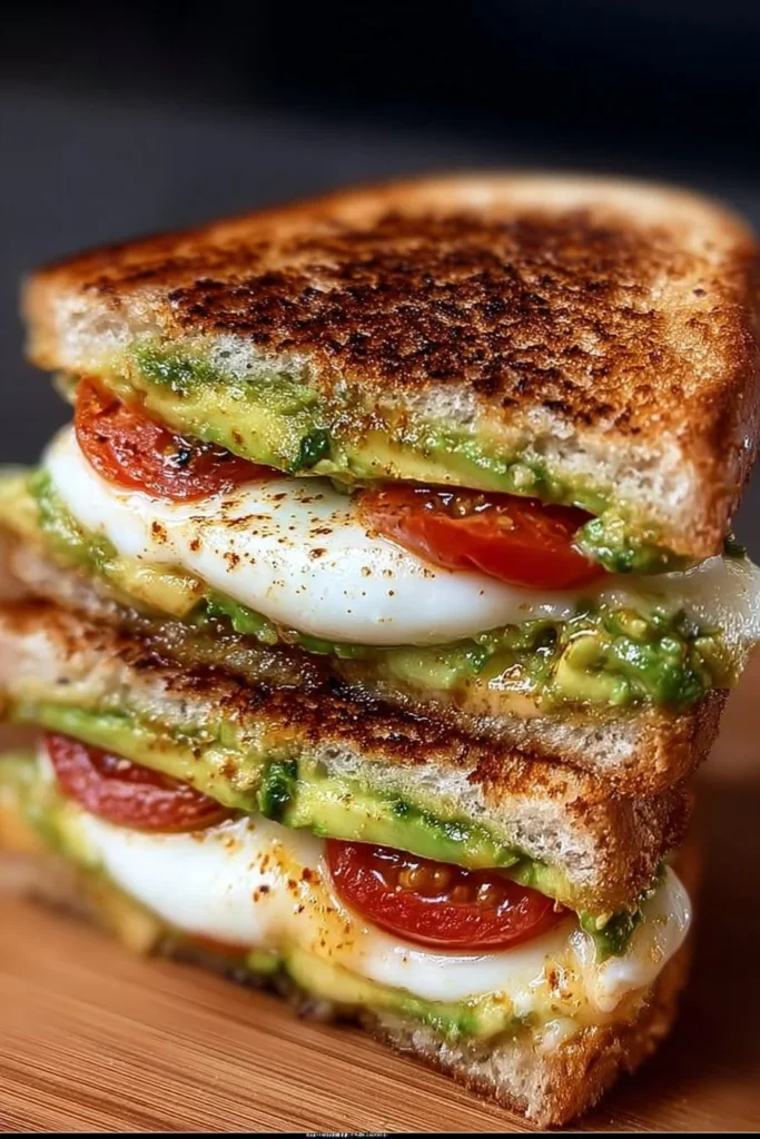 Avocado, mozzarella, and tomato grilled cheese sandwich on a plate