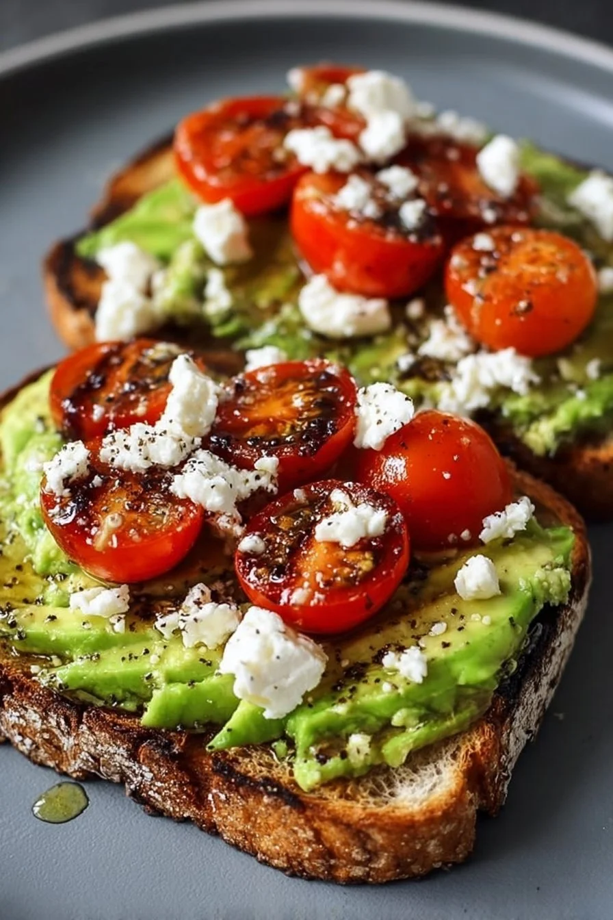 Avocado toast topped with crumbled feta cheese and cherry tomatoes on a plate