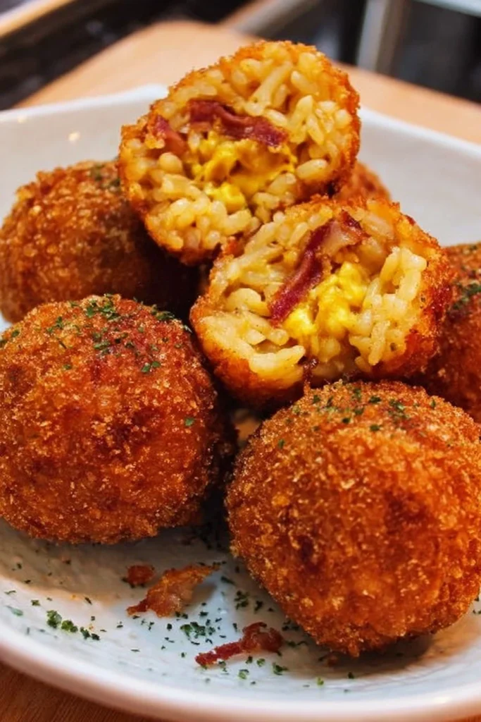 Delicious Bacon Egg Cheese Rice Balls served on a plate