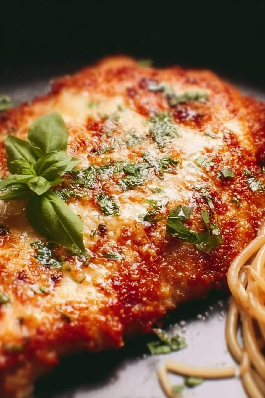 Baked Chicken Parmesan served on a plate with fresh parsley garnish.