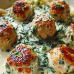 Deliciously baked chicken ricotta meatballs served with spinach alfredo sauce