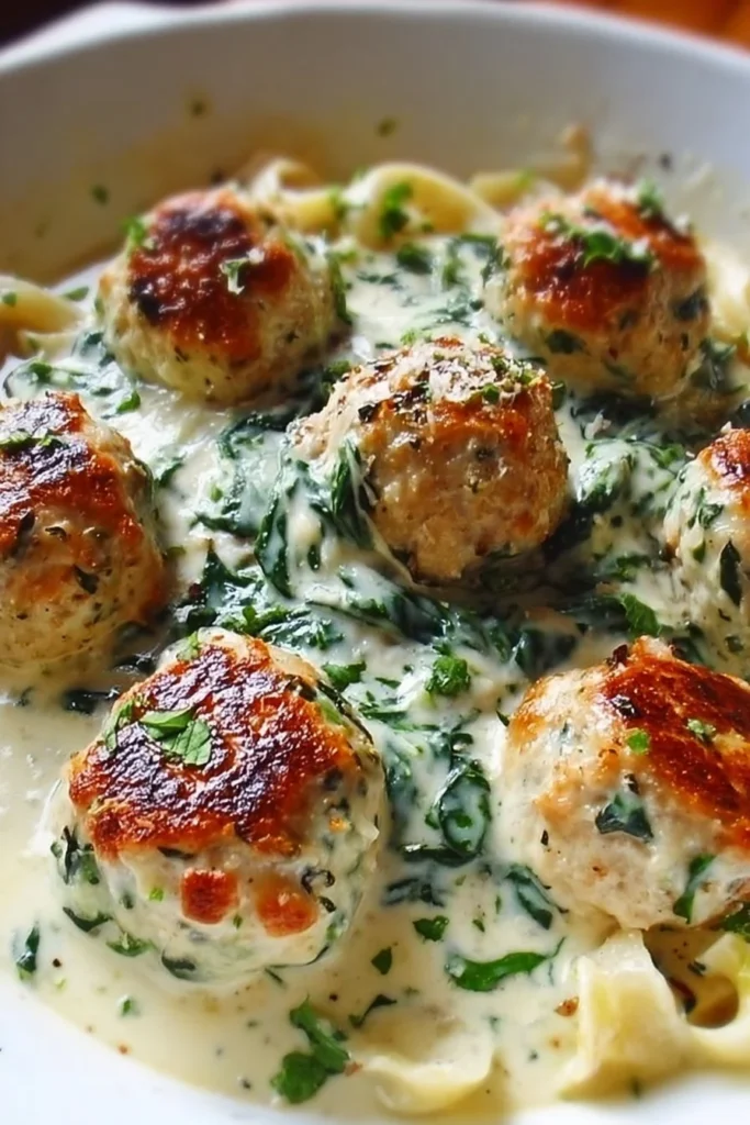 Deliciously baked chicken ricotta meatballs served with spinach alfredo sauce