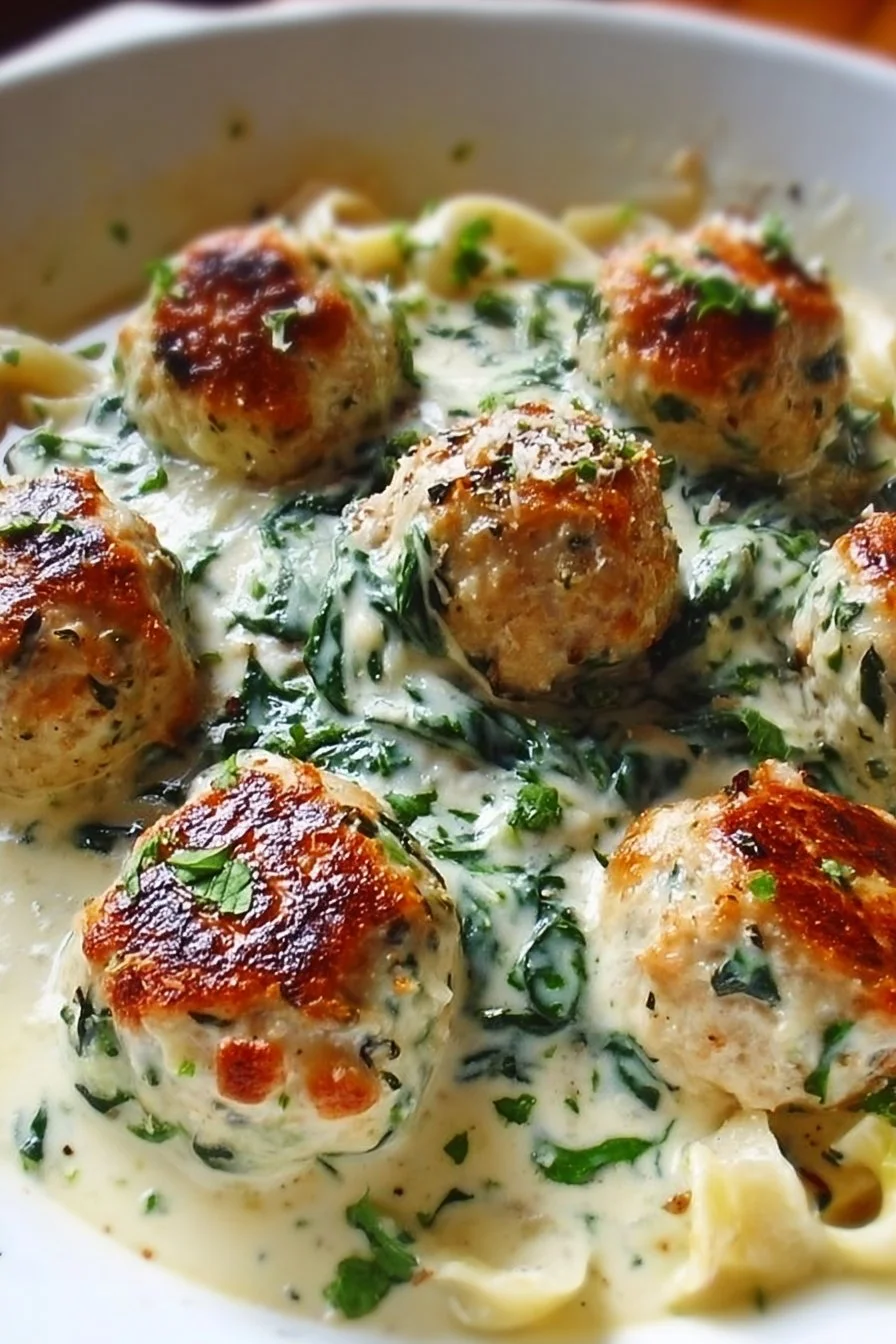 Deliciously baked chicken ricotta meatballs served with spinach alfredo sauce