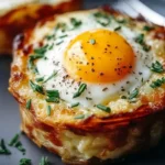 Baked Eggs Napoleon served on a plate with fresh herbs and toast