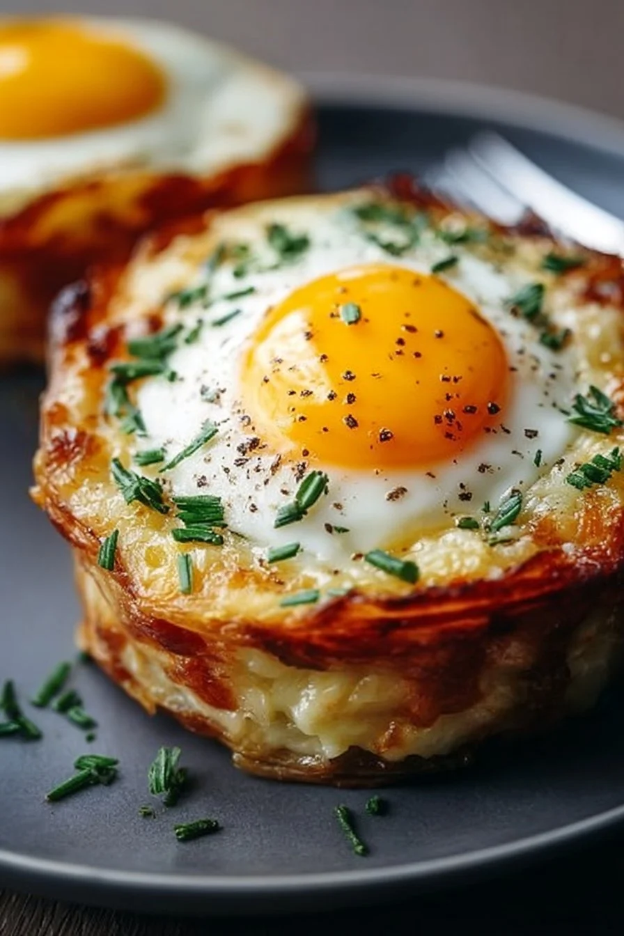 Baked Eggs Napoleon served on a plate with fresh herbs and toast