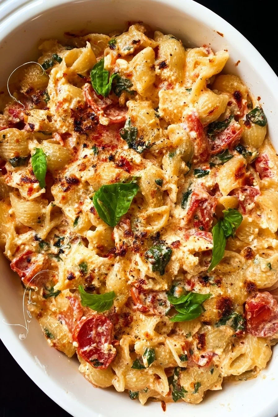 Delicious baked feta pasta with fresh ingredients ready to serve.