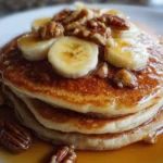 Stack of fluffy Banana Foster Pancakes topped with caramelized bananas and syrup
