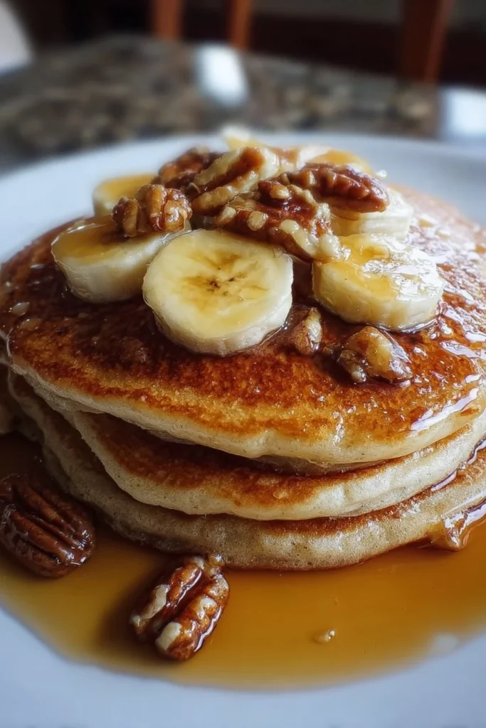 Stack of fluffy Banana Foster Pancakes topped with caramelized bananas and syrup