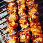 Delicious BBQ-Teriyaki Chicken Kabobs on a grill, ready to serve.