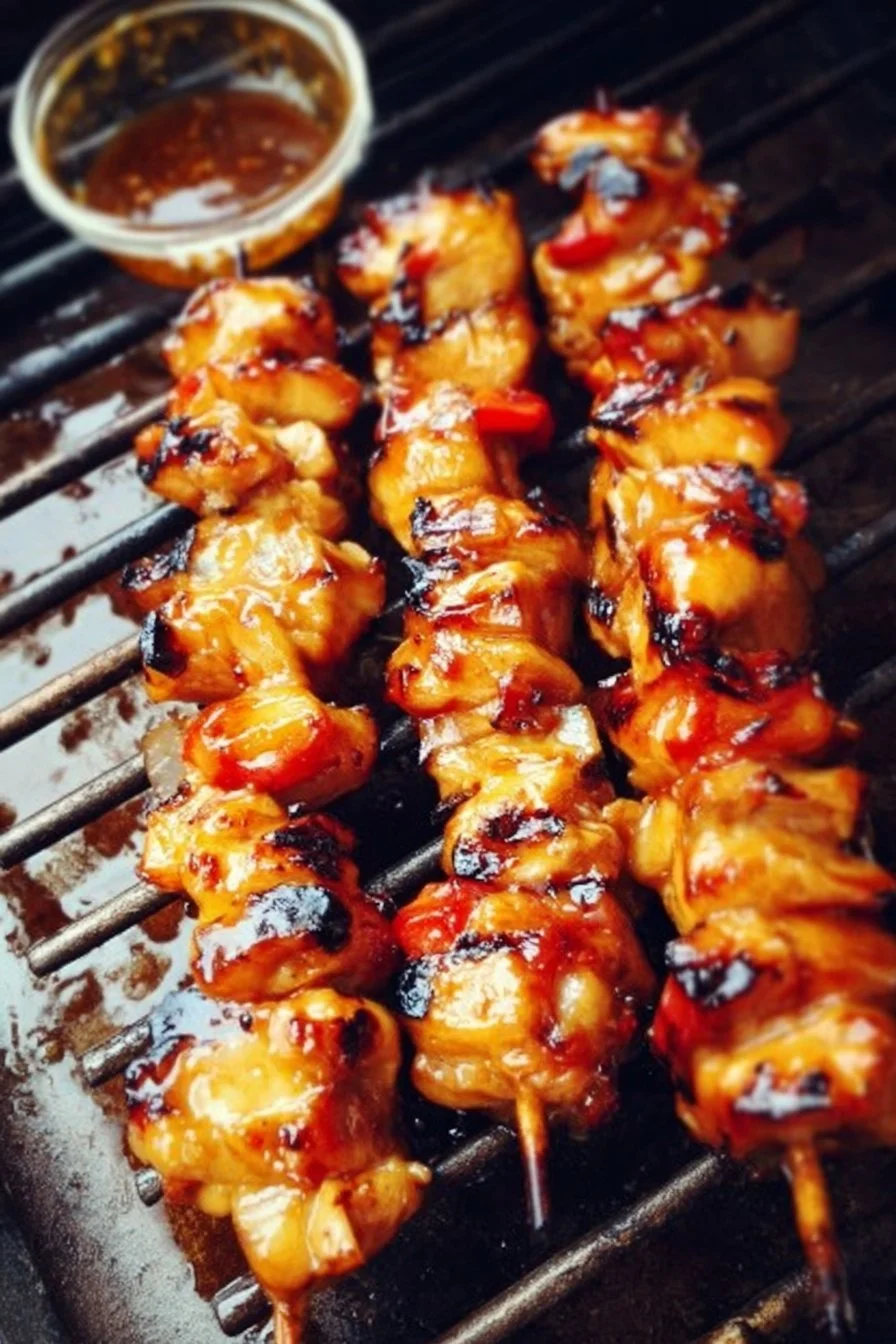 Delicious BBQ-Teriyaki Chicken Kabobs on a grill, ready to serve.