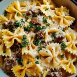 Beef and bowtie pasta served with creamy Alfredo sauce.