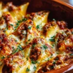 Delicious beef stuffed shells filled with savory beef and cheese sauce