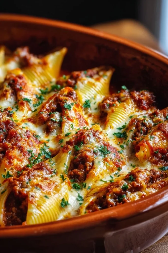 Delicious beef stuffed shells filled with savory beef and cheese sauce