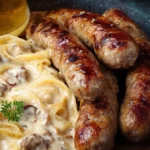 Plate of grilled brats served with beer and condiments.