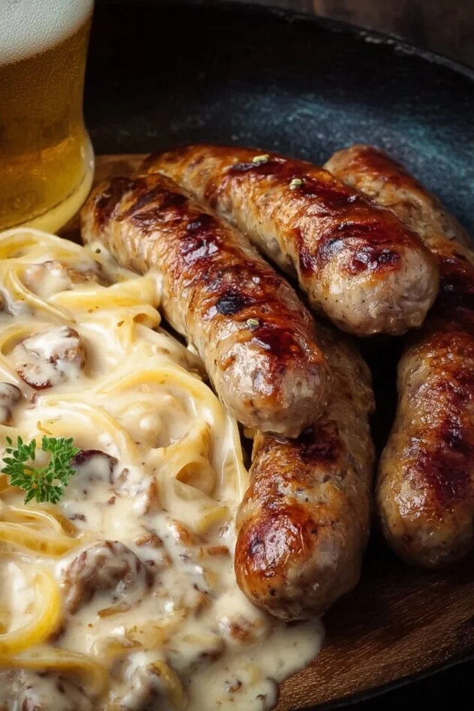 Plate of grilled brats served with beer and condiments.