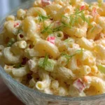 Delicious bowl of the best macaroni salad with colorful vegetables