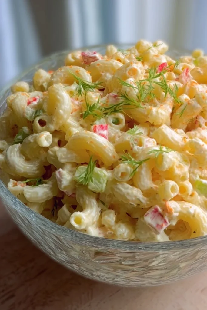 Delicious bowl of the best macaroni salad with colorful vegetables