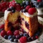 Slice of Bewitched Berry Cake topped with fresh berries and whipped cream