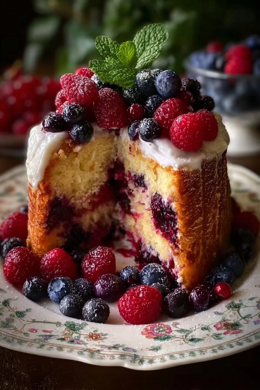 Slice of Bewitched Berry Cake topped with fresh berries and whipped cream