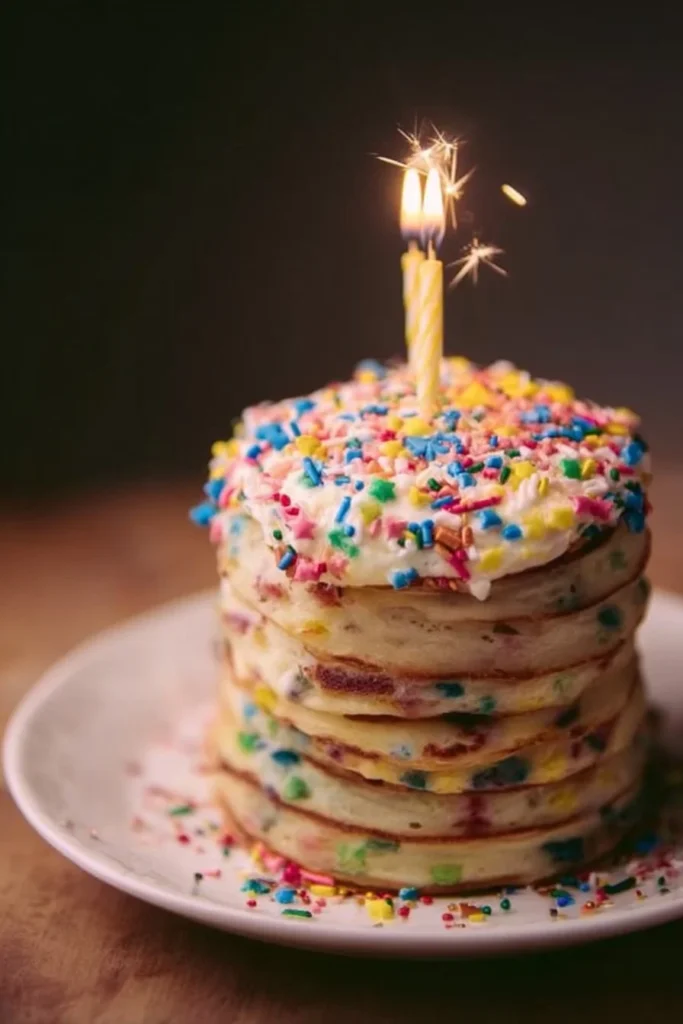 Fluffy birthday cake pancakes topped with sprinkles and whipped cream