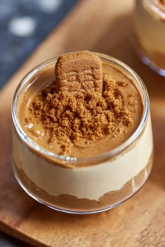Delicious Biscoff mousse served in a glass with a cookie garnish.