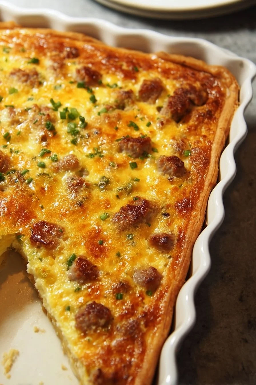 Delicious Biscuit Sausage Quiche with eggs, sausage, and flaky biscuit crust