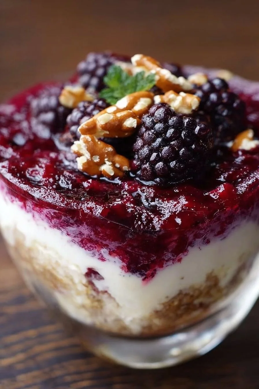 Delicious Blackberry Pretzel Dessert with cream topping and fresh blackberries