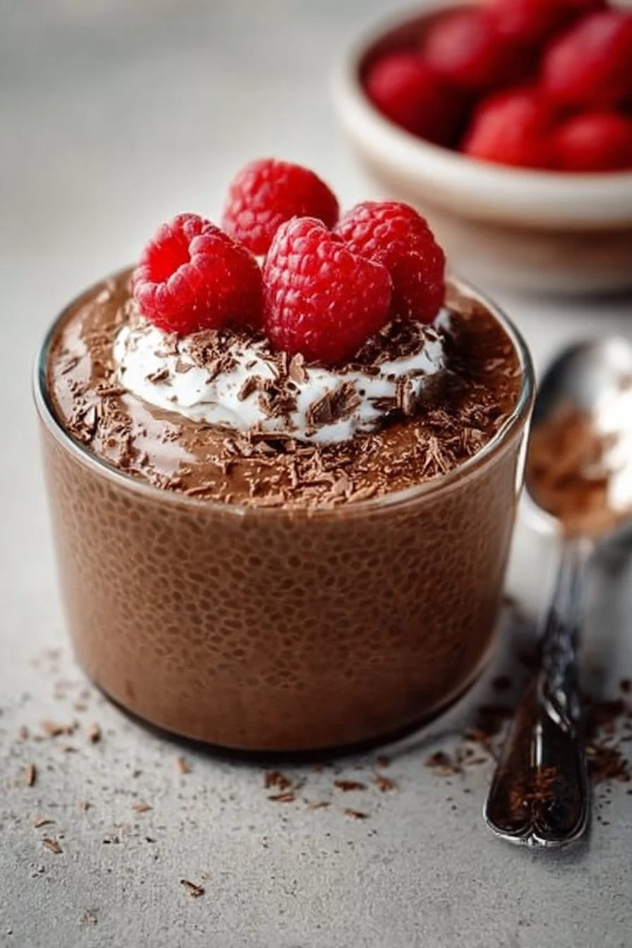 A bowl of blended chocolate chia pudding topped with fresh berries and mint