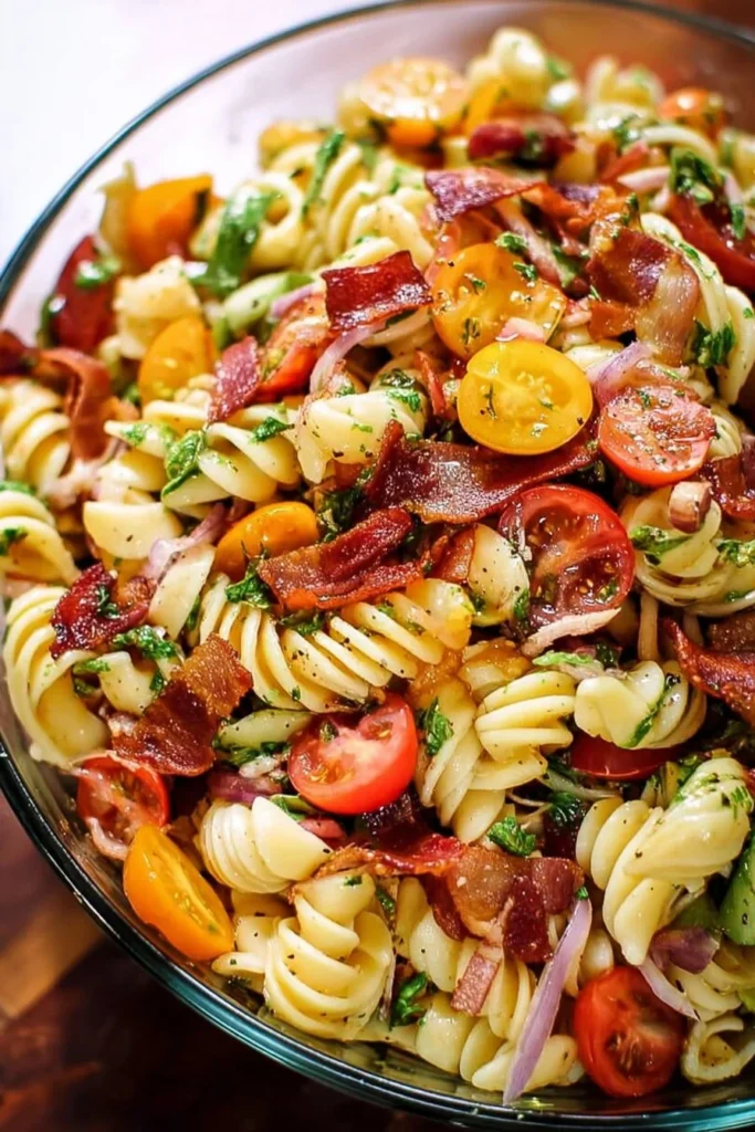 Delicious BLT Pasta Salad with bacon, lettuce, tomatoes, and pasta