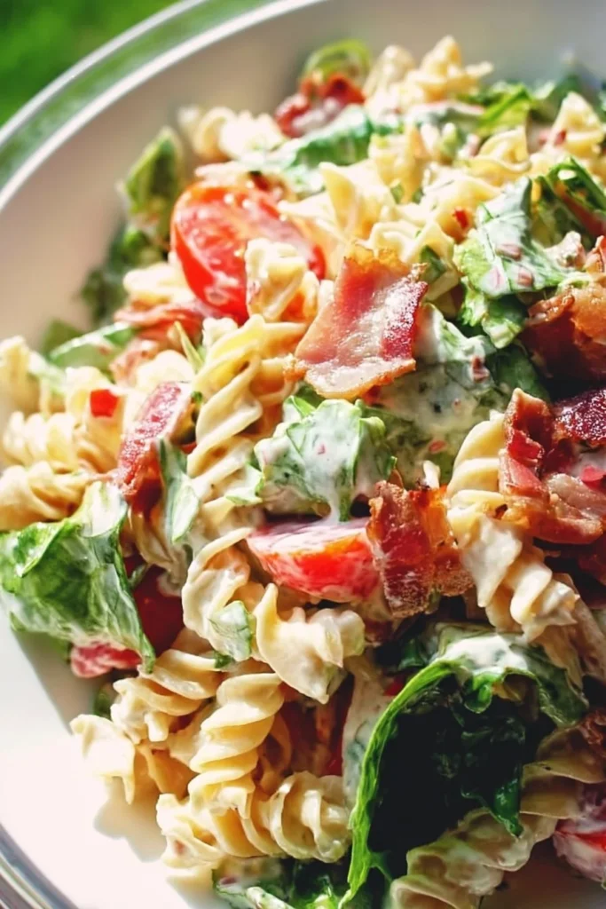 A bowl of colorful BLT Pasta Salad with tomatoes, bacon, and lettuce.