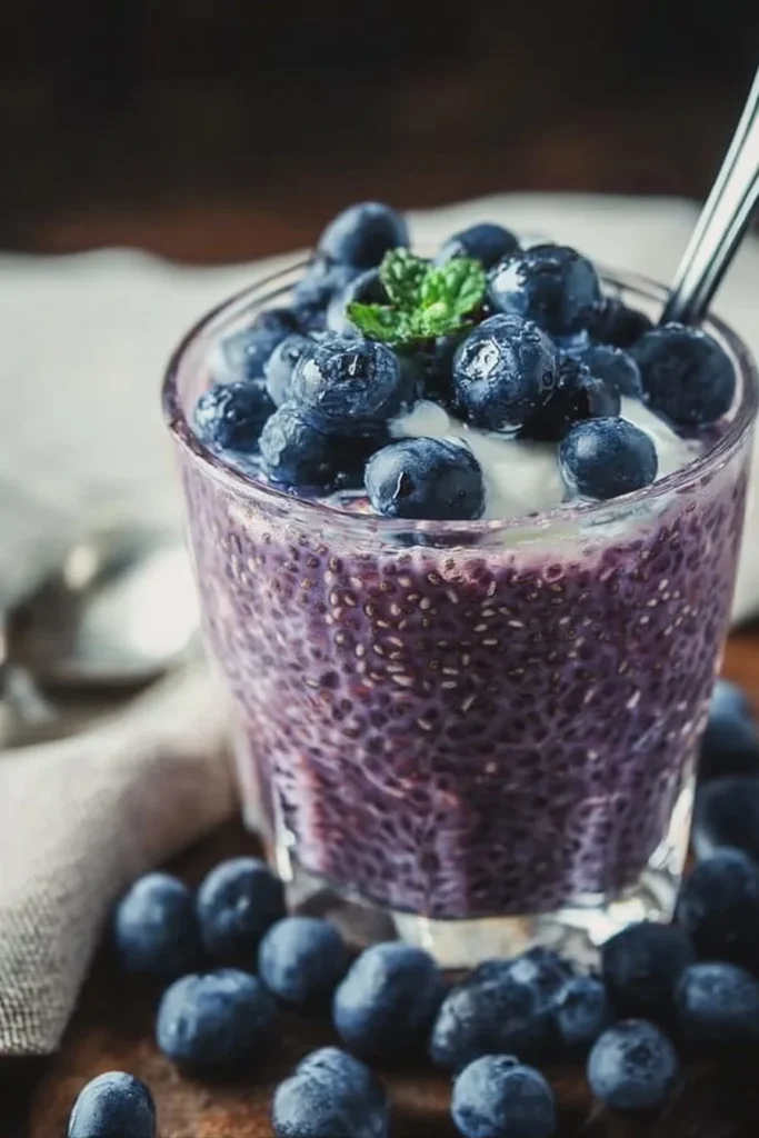 Delicious blueberry chia seed pudding topped with fresh blueberries and almonds.