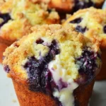 Freshly baked blueberry cream cheese muffins with a golden top and juicy blueberries