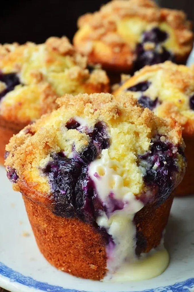 Freshly baked blueberry cream cheese muffins with a golden top and juicy blueberries