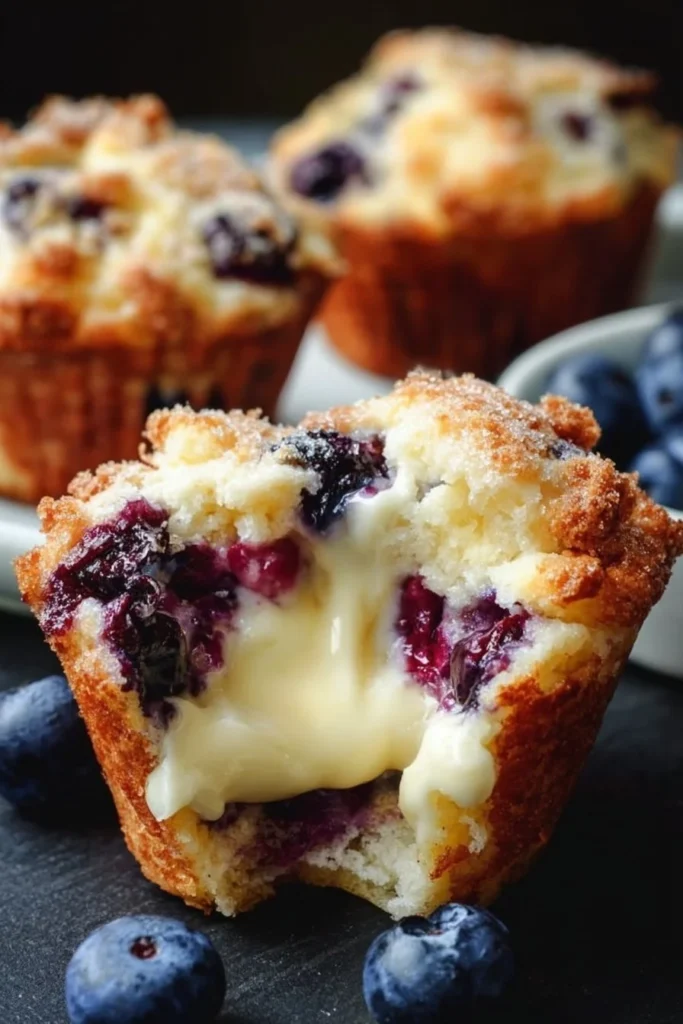 Delicious blueberry cream cheese muffins freshly baked with blueberries on top