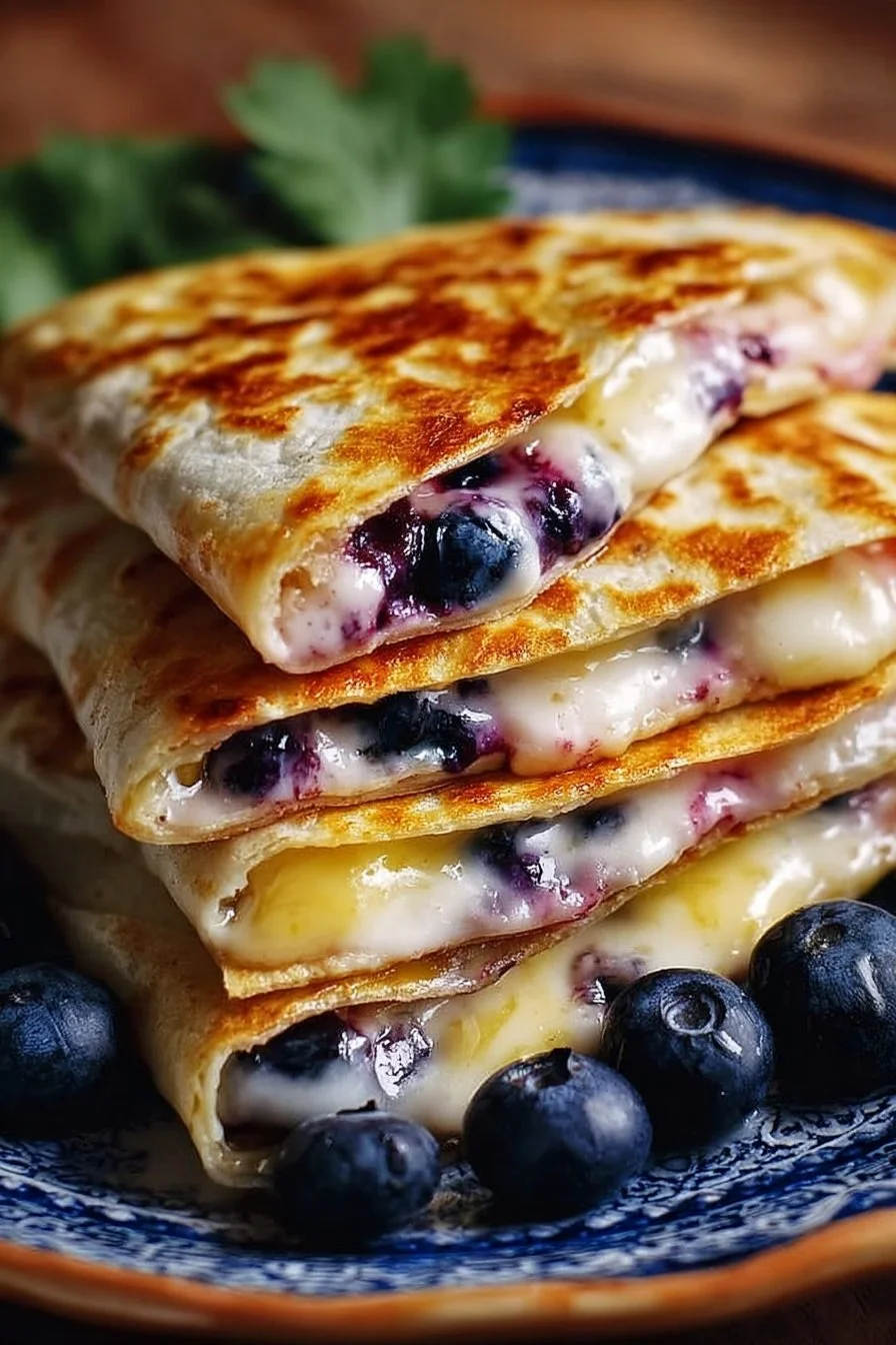 Blueberry cream cheese quesadilla with fresh blueberries and cream cheese filling