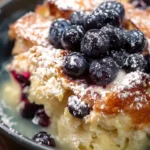 Delicious blueberry croissant bread pudding served in a dish