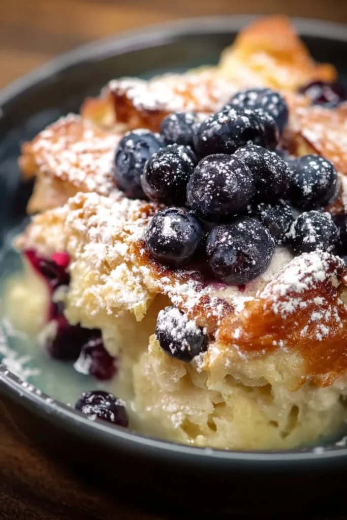 Delicious blueberry croissant bread pudding served in a dish
