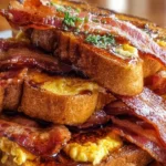 Delicious Bourbon-Maple Bacon French Toast served with syrup and crispy bacon